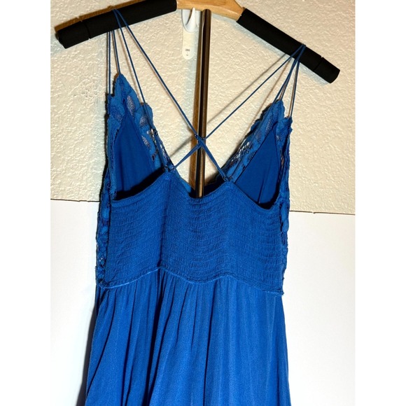 Free People One Adella Slip Dress Women M Blue Crochet Lace Detail Sheer Smocked - Picture 9 of 11